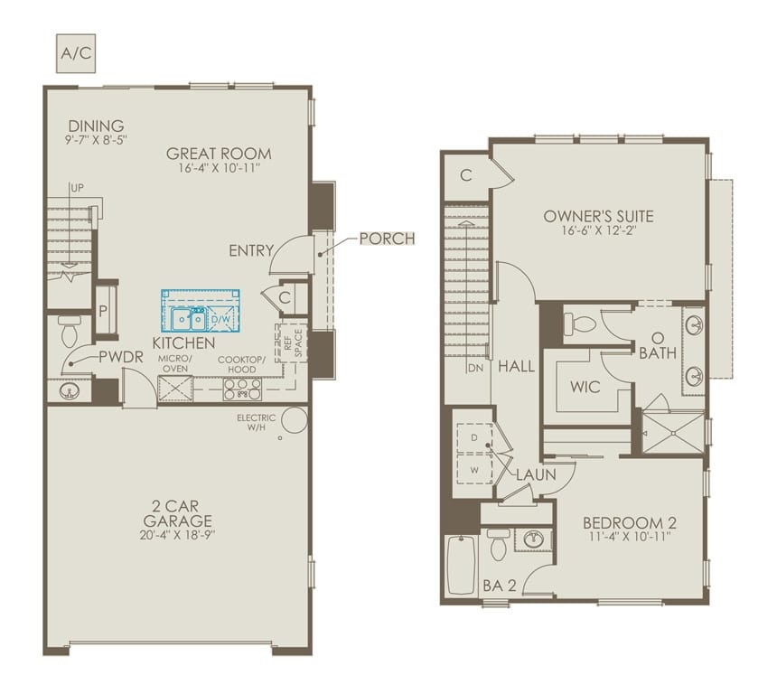 Two-bedroom floor plan for duplex model residence