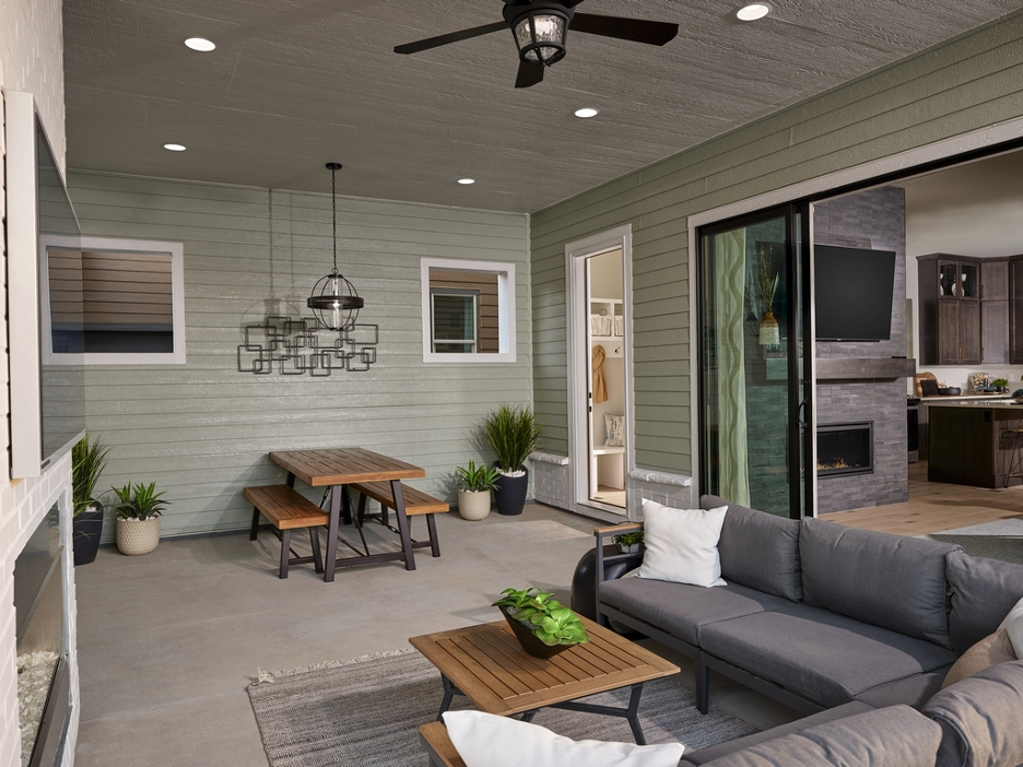 Another option in lieu of the three-car garage is the plan that offers an extended outdoor living area.